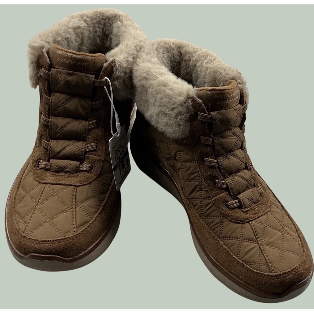 Skechers Slip-ins Cozy Fit Quilted Faux Fur Tan Ankle Boots NWT Size 7
